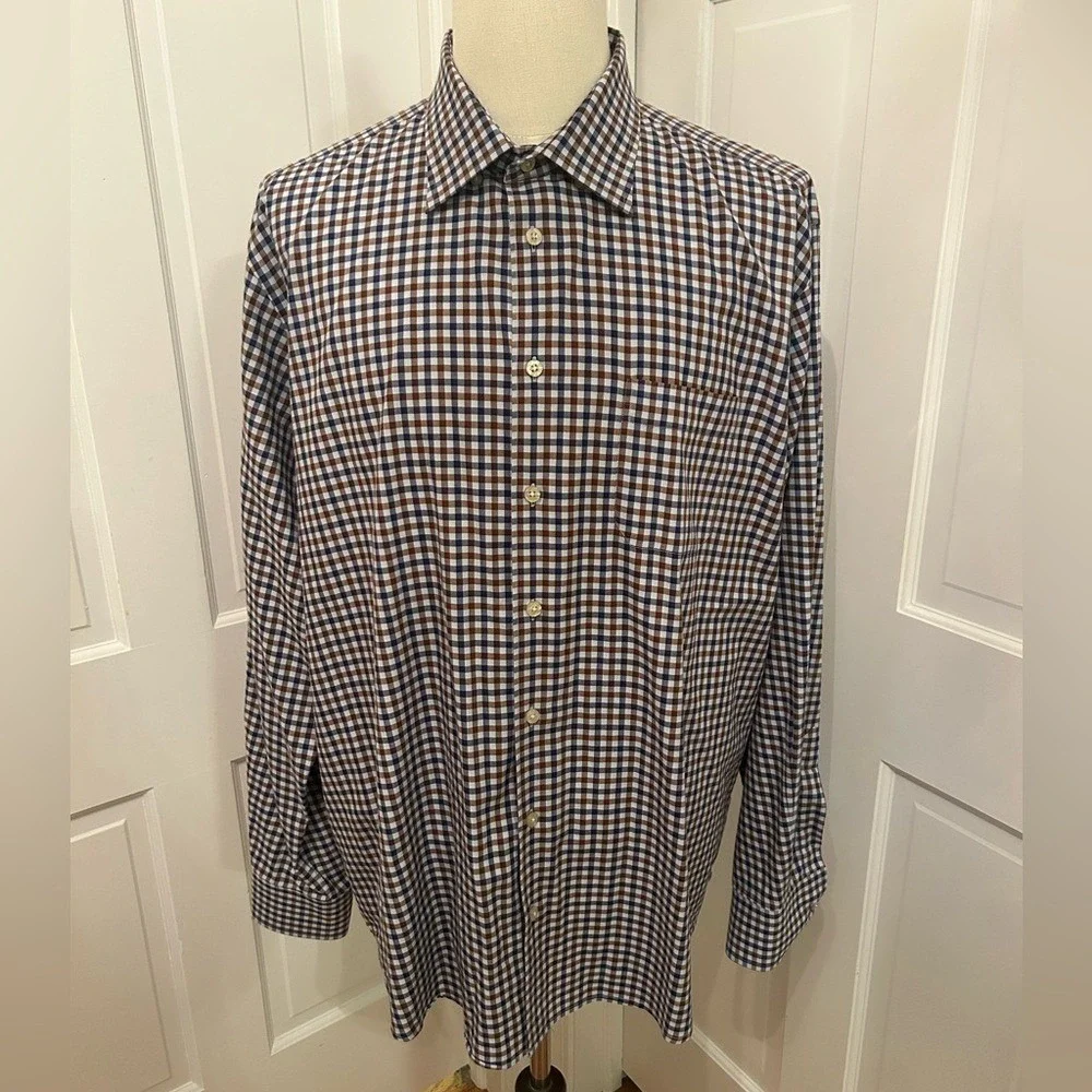 SCOTT‎ BARBER Men's Cotton Gingham Check Shirt Brown Navy Blue White XXL